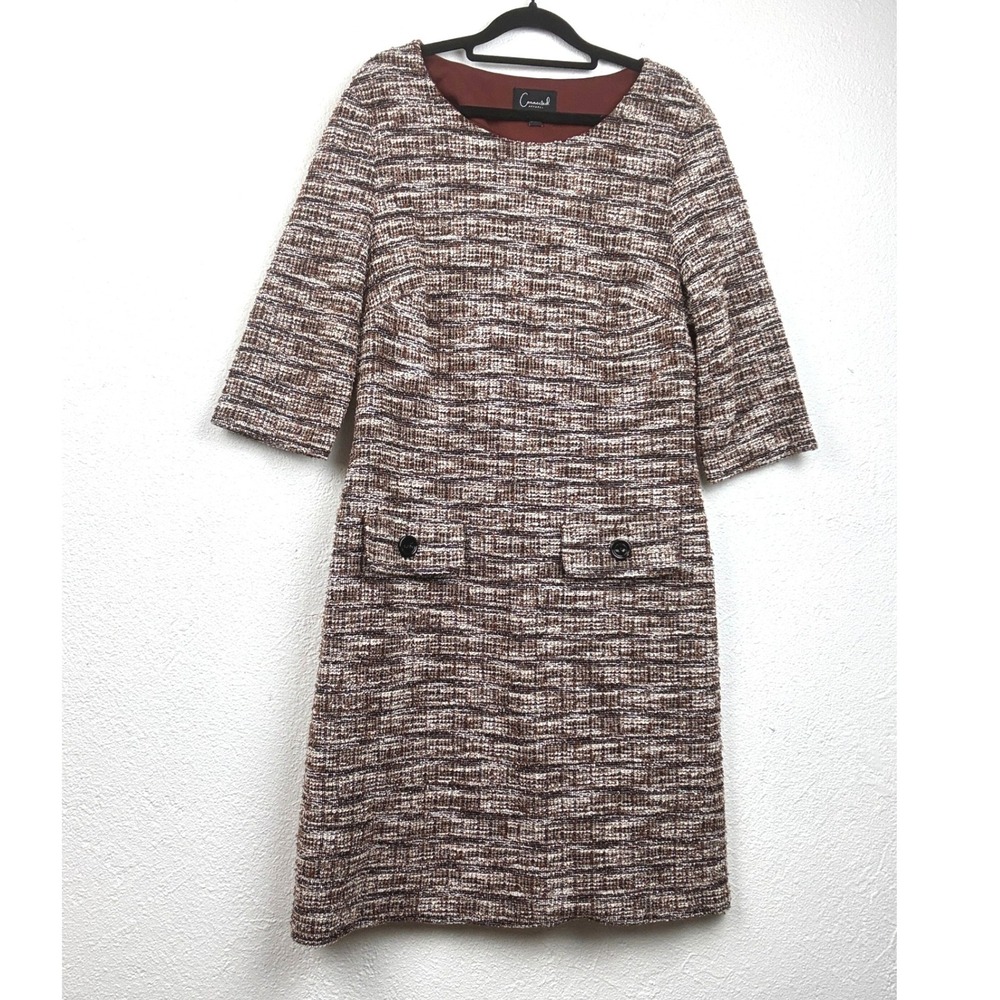 Connected Apparel Brown Sheath Dress - 12 - Tweed 3/4 Sleeve Pockets TXK77602M